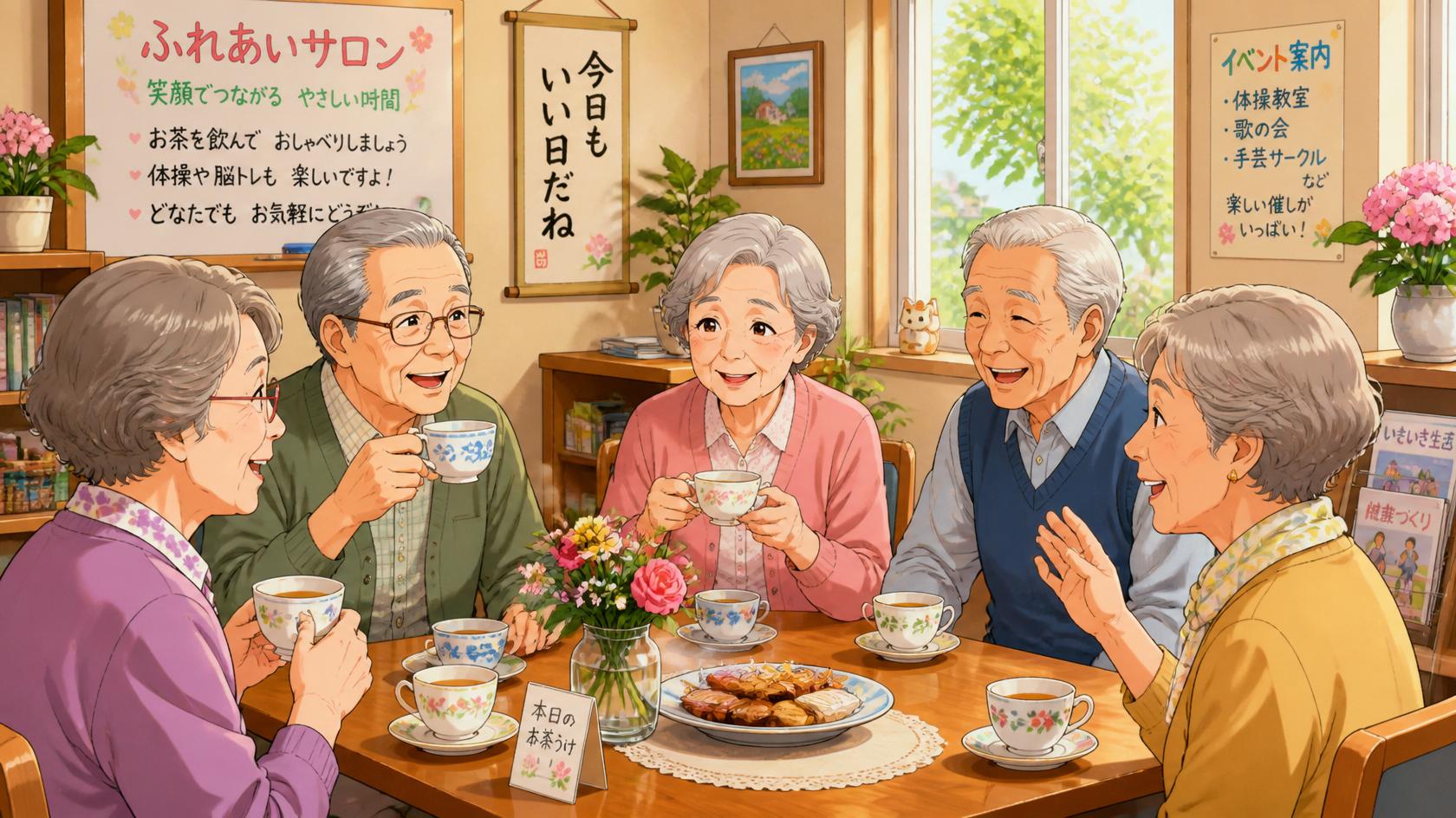 高齢者サロンでお茶を飲みながら談笑する様子